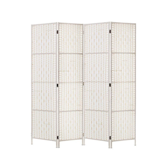 4 Panels Room Divider Screen Privacy Rattan Timber Fold Woven Stand White-0