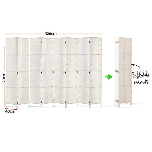 8 Panels Room Divider Screen Privacy Rattan Timber Fold Woven Stand White-0