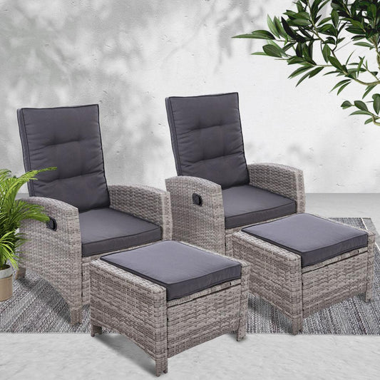 Grey Wicker Sun lounge Recliners With Ottomans (Twin Pack)-0