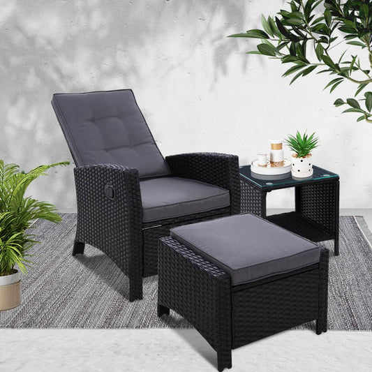 Outdoor Recliner Chair Set with Table & Ottoman - Black-0