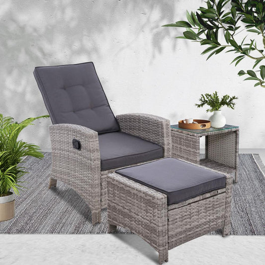 Outdoor Recliner Chair Set with Table & Ottoman - Grey-0