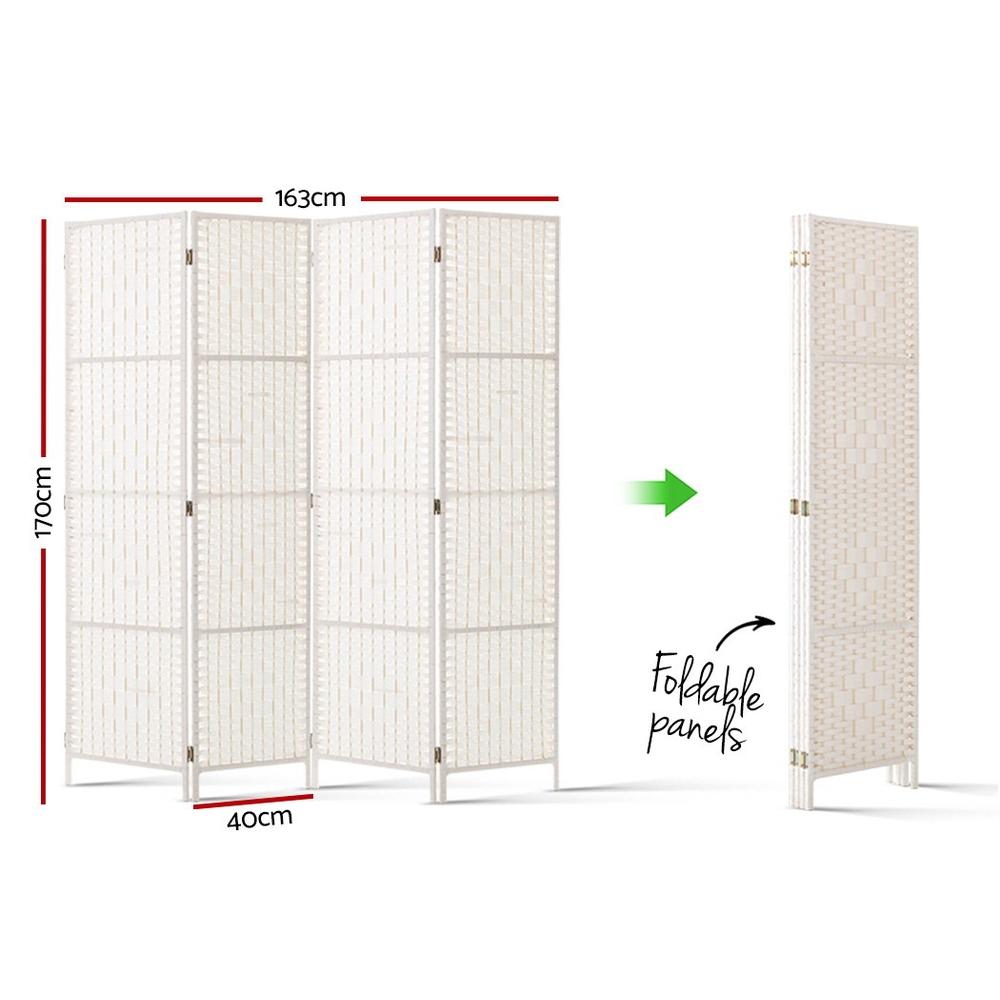 4 Panels Room Divider Screen Privacy Rattan Timber Fold Woven Stand White-1