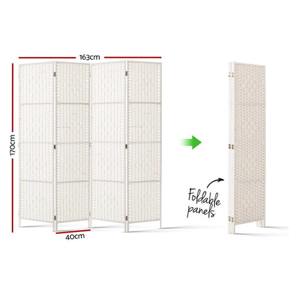 4 Panels Room Divider Screen Privacy Rattan Timber Fold Woven Stand White-1