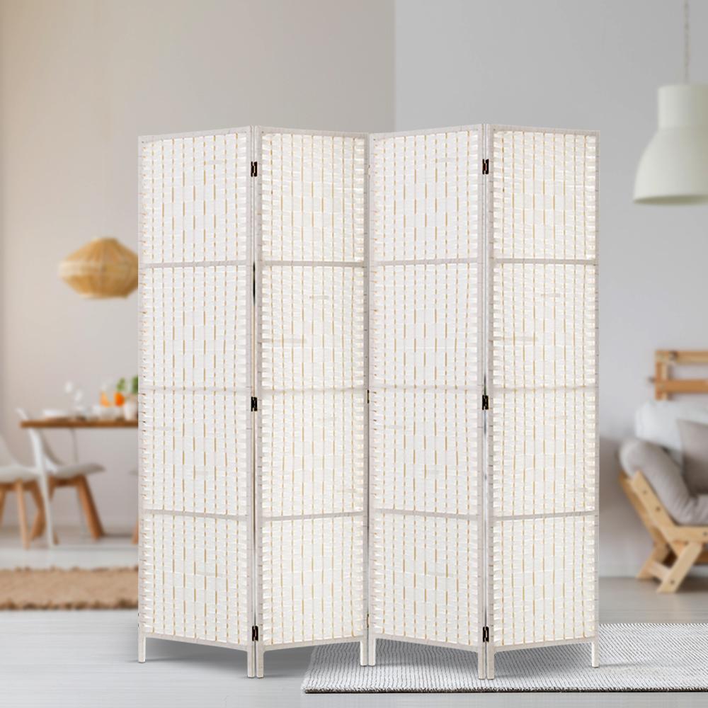 4 Panels Room Divider Screen Privacy Rattan Timber Fold Woven Stand White-6