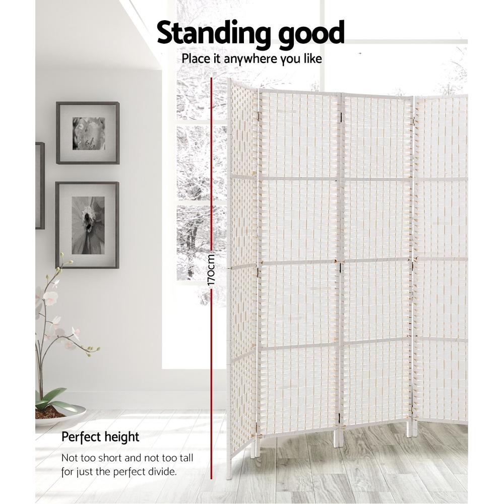 4 Panels Room Divider Screen Privacy Rattan Timber Fold Woven Stand White-2