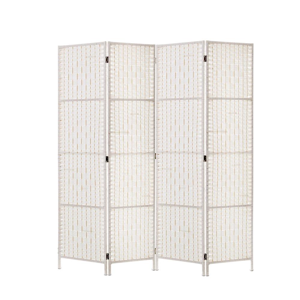 4 Panels Room Divider Screen Privacy Rattan Timber Fold Woven Stand White-0