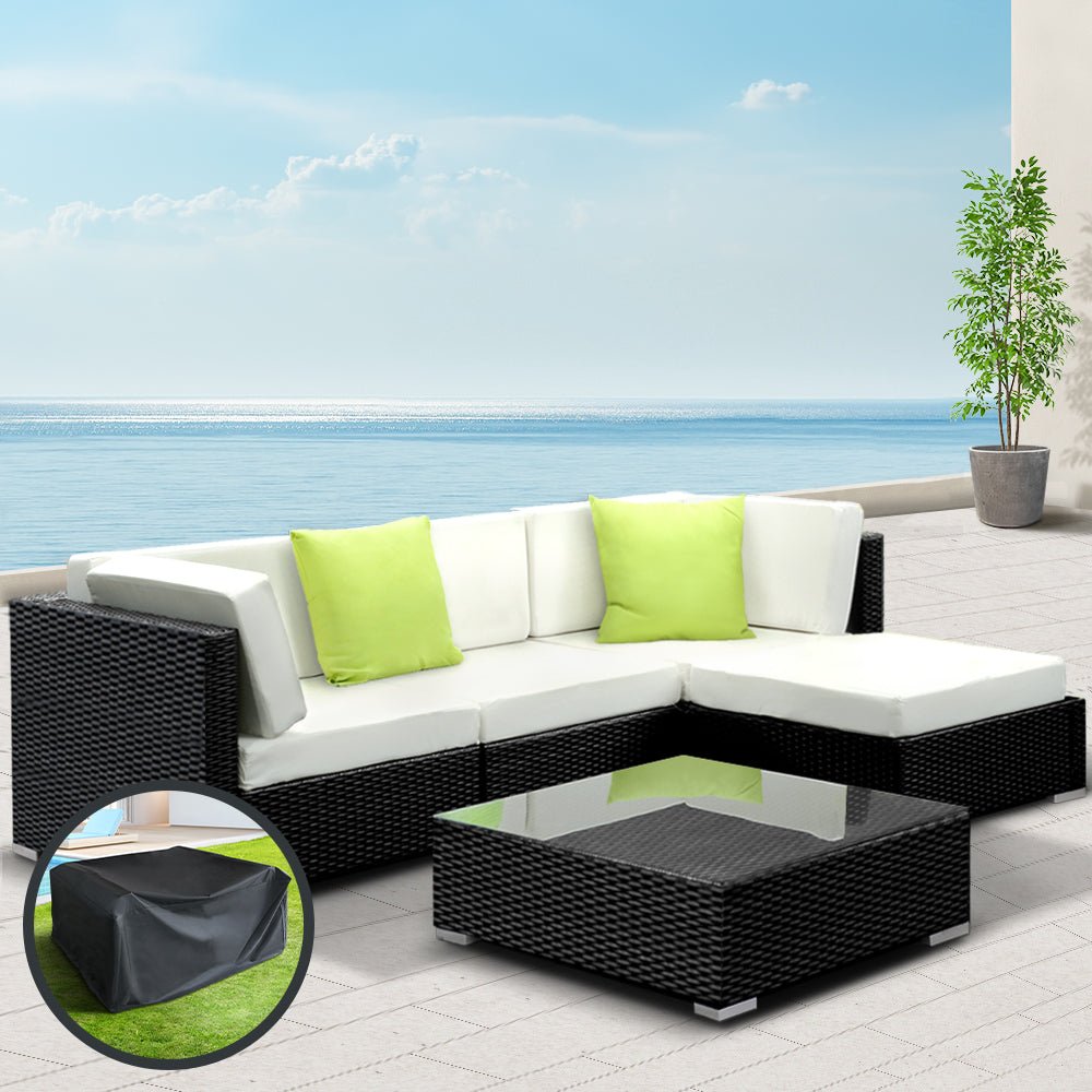 5 Piece Wicker Outdoor Lounge with Storage Cover - Beige-0