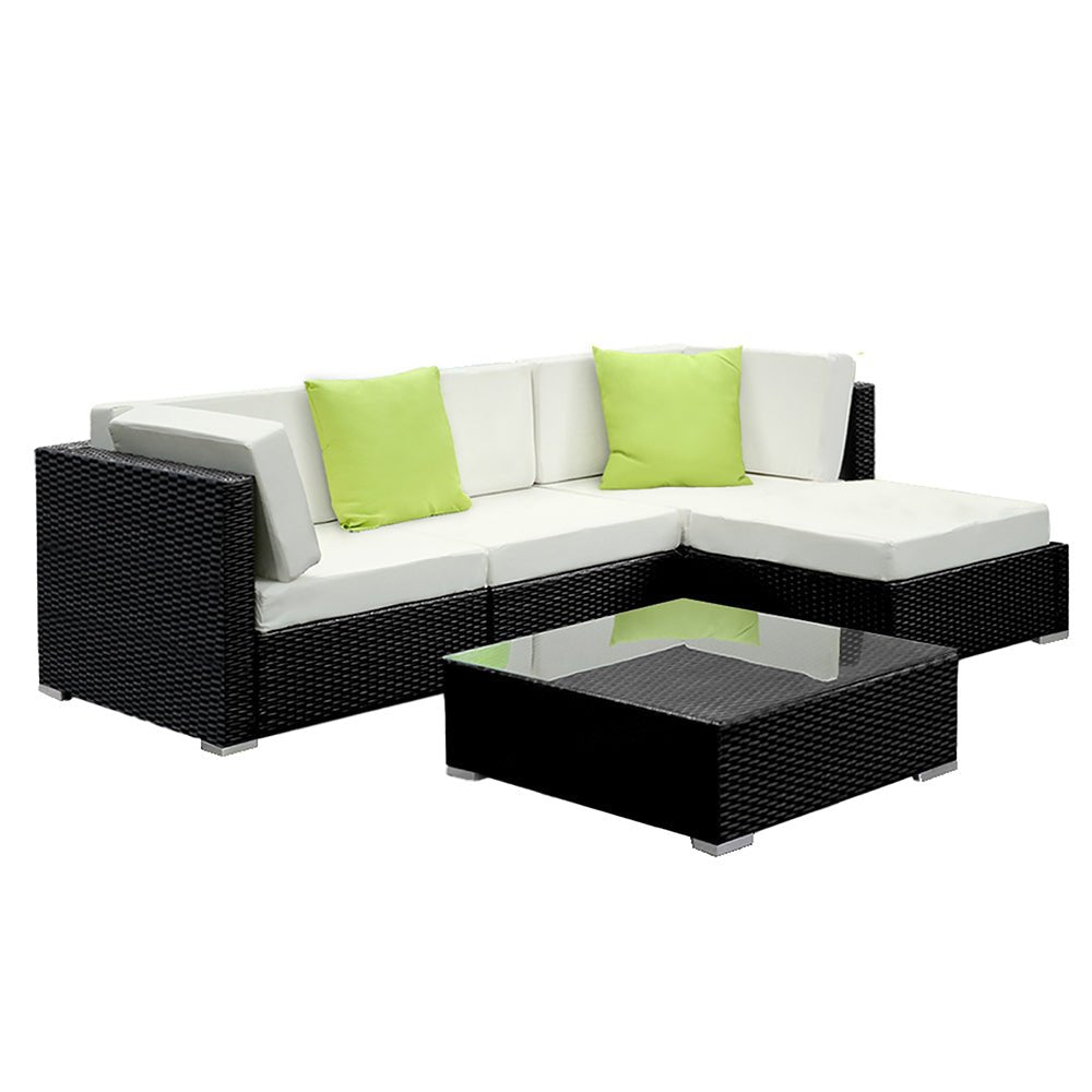 5 Piece Wicker Outdoor Lounge with Storage Cover - Beige-2