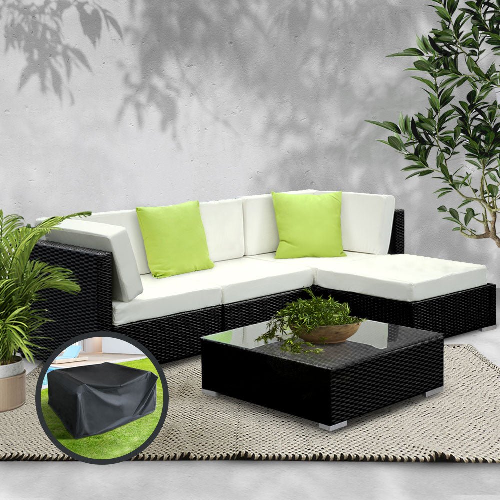 5 Piece Wicker Outdoor Lounge with Storage Cover - Beige-1