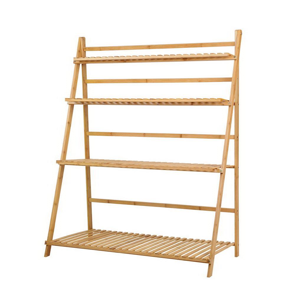 Bamboo Wooden Ladder Shelf Plant Stand Foldable-0