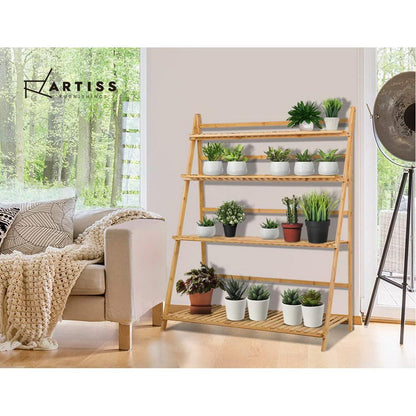 Bamboo Wooden Ladder Shelf Plant Stand Foldable-5