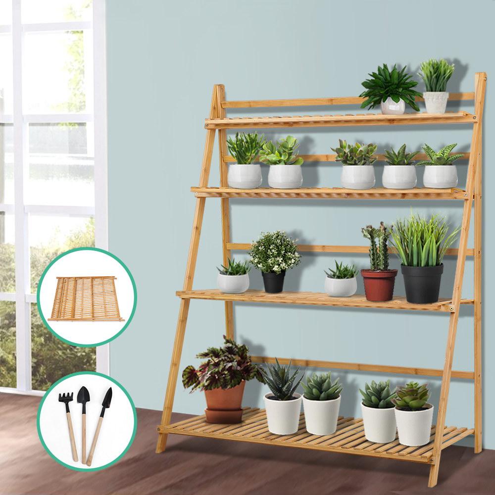 Bamboo Wooden Ladder Shelf Plant Stand Foldable-6