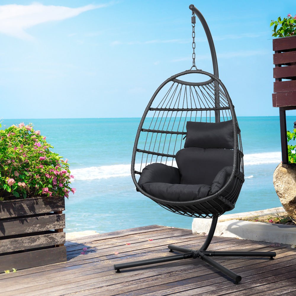 Egg Swing Chair Hammock Stand Outdoor Furniture Hanging Wicker Seat Grey-7