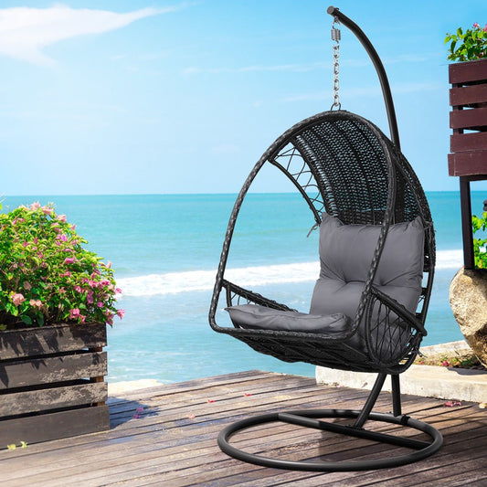 Hanging Wicker Pod Chair With Stand Black-0