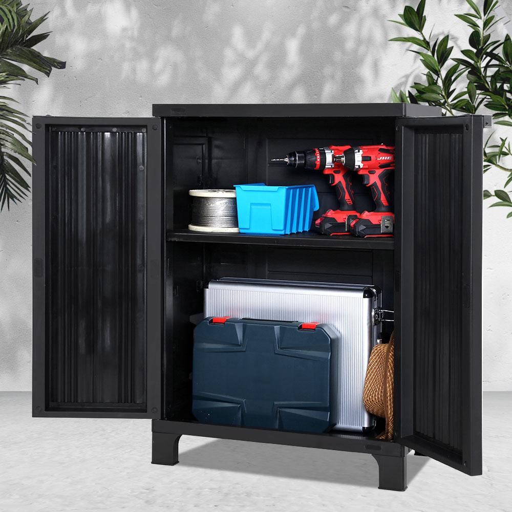 Outdoor Storage Cabinet Cupboard Lockable Garden Sheds Adjustable Black-6