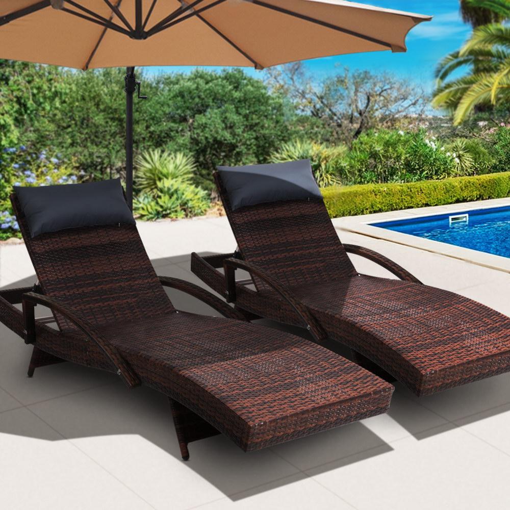 Twin Pack Outdoor Wicker Sun Lounge - Brown-0