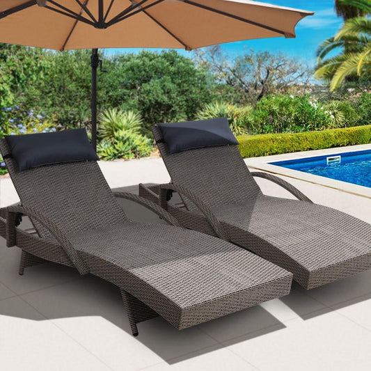 Set of 2 Sun Lounge Outdoor Furniture Wicker Lounger Rattan Day Bed Garden Patio Grey-0