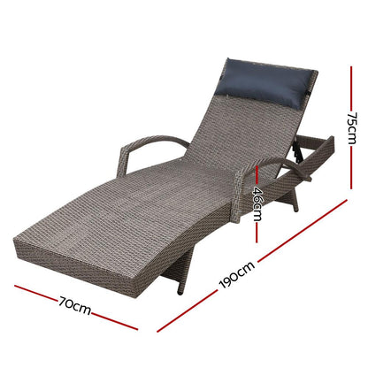 Set of 2 Sun Lounge Outdoor Furniture Wicker Lounger Rattan Day Bed Garden Patio Grey-2